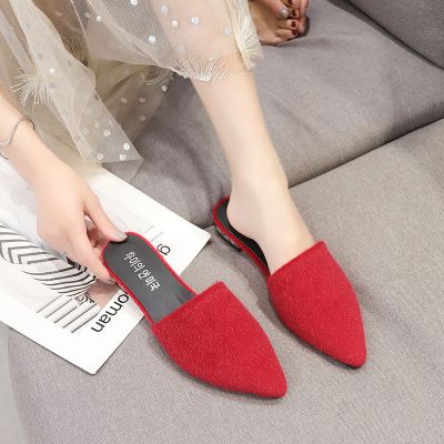 平跟毛毛尖头半拖鞋女夏2021韩版时尚外穿平底凉拖鞋女包头懒人鞋