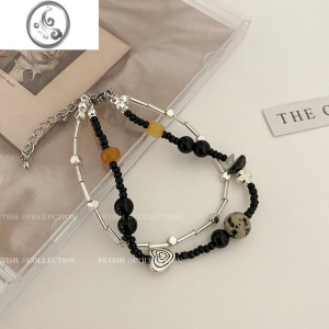 JiMi双层复古黑色串珠手链女ins小众设计闺蜜网红手串2023年新款手饰 复古双层串珠手链