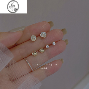 JiMi几何方形锆石水钻耳钉套组女简约小巧冷淡风耳饰2023年新款高级感 金色耳钉三件套电镀14K金925银针