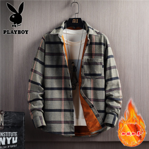 花花公子新款高品质加绒衬衫格子打底衬衫青年男加厚保暖