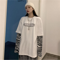 含棉 秋季圆领宽松卫衣女时尚假两件套外套学生情侣上衣女装