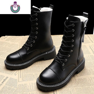 FISHBASKET马丁靴女2020新款冬季加绒加厚保暖棉鞋百搭一体中筒雪地靴靴子