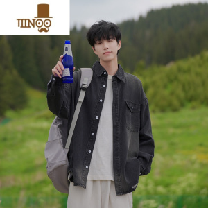 YANXU水洗做旧牛仔衬衫男长袖秋季新款日系复古痞帅青少年宽松衬衣外套