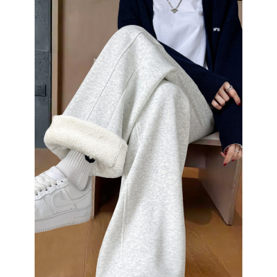 白色羊羔绒运动裤女款新款秋冬加绒卫裤小个子窄版直筒阔腿裤_393