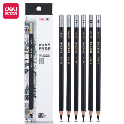 得力软性炭笔黑色中性硬性炭笔画画铅笔盒装美术生素描专用画画炭笔初学者画画软中硬炭笔绘图考试艺考用笔炭笔套装-12/盒