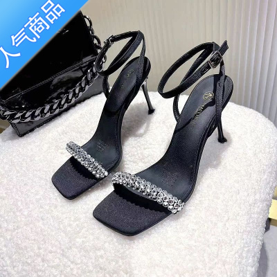 SUNTEK法式细跟高跟鞋女小个子2023夏季新款气质水钻一字带露趾时装凉鞋