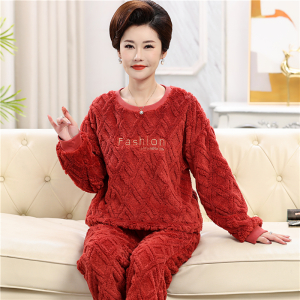 中老年妈妈珊瑚绒睡衣女冬季加厚加绒法兰绒套头秋冬款家居服套装