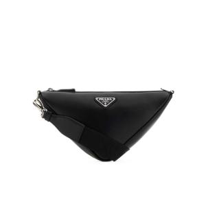 小牛皮三角徽标可调节肩包商务休闲手提单肩包 黑色