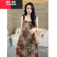 YIBUSHENG红色轻奢长裙印花2024女款季缎料无袖气质时尚宽松遮肚子连衣裙