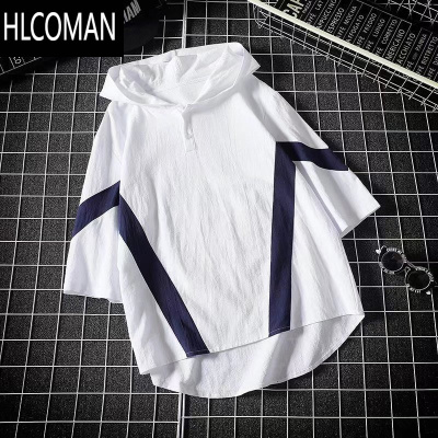HLCOMAN夏季仿亚麻七分袖连帽T恤男潮牌宽松大码日系潮流撞色半袖上衣服