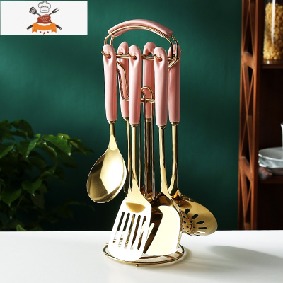 轻奢不锈钢锅铲高颜值厨具套装家用厨房用品炒菜烹饪全套汤勺铲子 敬平 厨具七件套(少女粉陶瓷手柄)