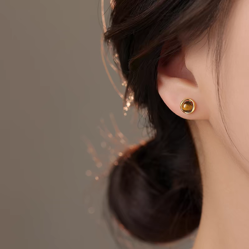 s925银针虎眼石耳钉女轻奢小众高级感美拉德圆形耳环复古独特耳饰