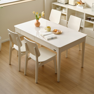 全友家居奶油风餐桌实木桌腿小户型家用饭桌餐椅长方形桌子家具
