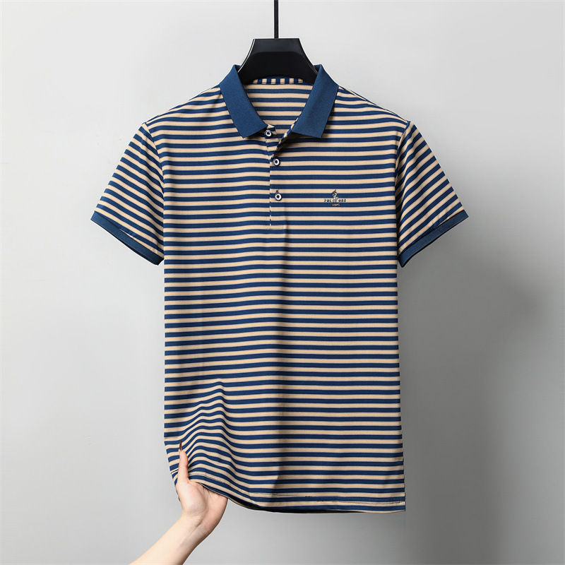 春夏季新款男士短袖T恤简约翻领青年休闲条纹透气新疆棉男装