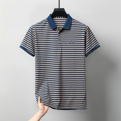 春夏季新款男士短袖T恤简约翻领青年休闲条纹透气新疆棉男装