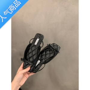 SUNTEK小众法式黑色露趾凉鞋女鞋子2023年新款夏季蝴蝶结软底沙滩罗马鞋