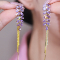 奢华大气紫色水晶耳环轻奢气质长款流苏耳坠小众设计银针耳钉耳饰送女朋友老婆情人节七夕生日礼物