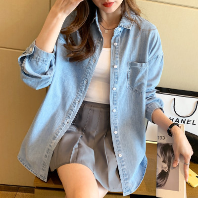 [1折价52.9元,叠加优惠券]春季女前胸小标长袖牛仔衬衫百搭减龄气质韩版时髦潮