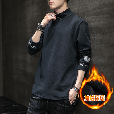 秋冬季长袖T恤男休闲保暖潮流刺绣德绒加绒加厚半领T恤男士上衣服