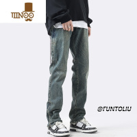 YANXU水洗复古牛仔裤男款夏季美式高街拉链修身裤子潮牌显瘦直筒休闲裤