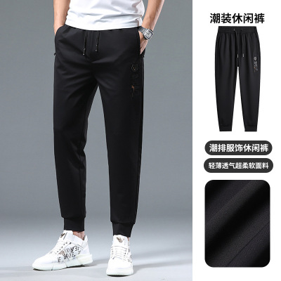 欧洲站高端字母英文休闲裤男夏季薄款修身弹力运动束脚长裤_578