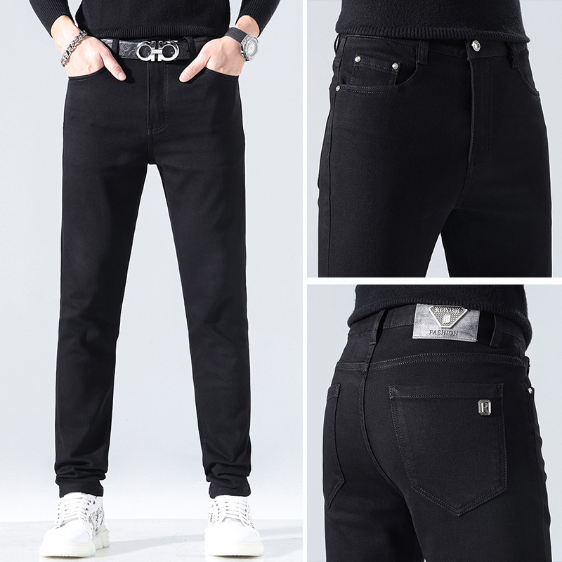 黑色牛仔裤男士修身小脚裤男款潮流休闲弹力潮牌时尚欧货加绒长裤