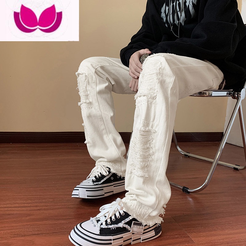 七斓西海岸vibe裤子美式高街男江浙沪穿搭破洞牛仔裤男潮牌微喇裤