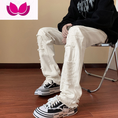 七斓西海岸vibe裤子美式高街男江浙沪穿搭破洞牛仔裤男潮牌微喇裤