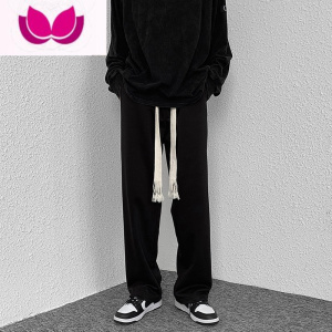 七斓黑色休闲裤子男款潮牌直筒宽松阔腿拖地卫裤潮流长裤高级感