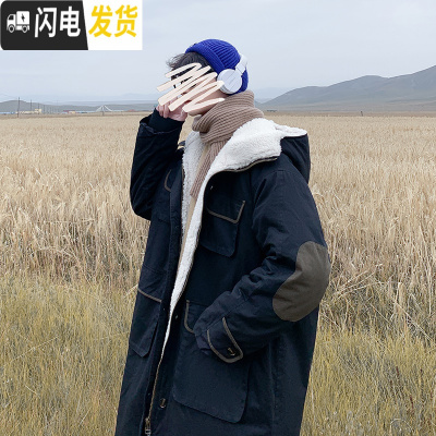 HLCOMAN冬季新款内里加绒工装长款棉大衣男学生宽松过膝羔毛连帽棉风衣风衣