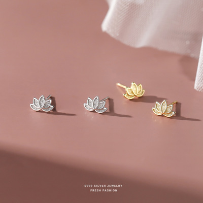 s999足银森系莲花耳钉女简约小清新小众设计可爱文艺气质耳饰批发送女朋友老婆情人节七夕生日礼物