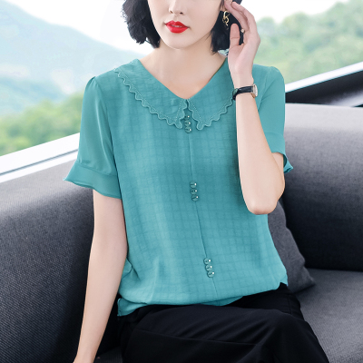 雪纺短袖上衣女2021夏季新款妈妈时尚洋气百搭宽松气质娃娃领小衫