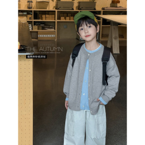 童酷男童秋款洋气圆领宝宝针织开衫韩版拼色假两件儿童毛衣潮