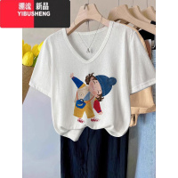 YIBUSHENG季大码女装白色短袖t恤女2024新款休闲v领设计感宽松上衣女
