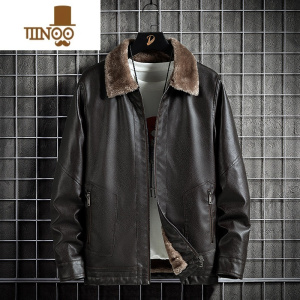YANXU加绒加厚皮衣男士休闲翻领免打理爸爸冬装外套中老年冬季皮夹克男