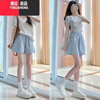 YIBUSHENG蓝色棉麻短裤女季薄款2024新款高腰外穿休闲小个子运动五分a字