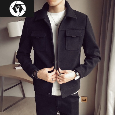 HongZun2020秋冬季设计感风衣男短款休闲痞帅气加厚毛呢夹克呢子大衣外套风衣