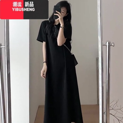 YIBUSHENG2024新款季法式赫本风黑色初春连衣裙宽松气质显瘦t恤长裙子女