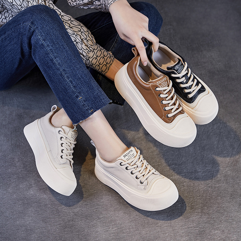 头层牛皮厚底饼干鞋女春秋新款松糕厚底休闲真皮小白运动板鞋