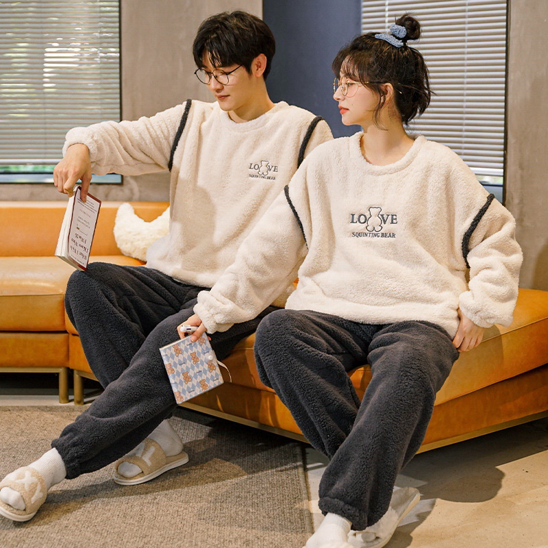情侣睡衣女款春秋冬季珊瑚绒加厚加绒保暖一男士一女士家居服套装