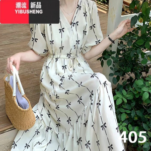 YIBUSHENG401-499号米白色2024春新款法式碎花长裙子女装收腰连衣裙沁