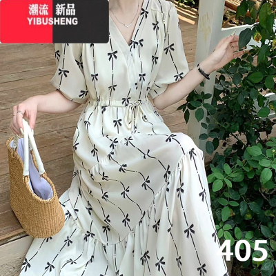 YIBUSHENG401-499号米白色2024春新款法式碎花长裙子女装收腰连衣裙沁