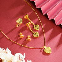 沙金爱心横纹项链耳钉戒指组合夏季百搭高级感轻奢镀金首饰品套装送女朋友老婆情人节七夕生日礼物