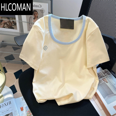 HLCOMAN韩系漂亮撞色u领刺绣短袖T恤衫男女夏季港风小众百搭正肩短款上衣