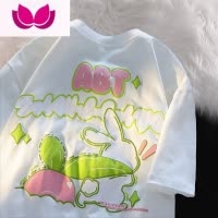 七斓粉色兔子短袖t恤女圆领宽松印花减龄大码胖mm遮肚上衣藏肉潮