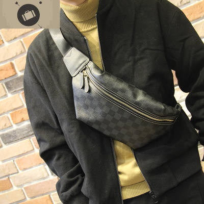 男士斜挎包胸包单肩包时尚潮流背包格子复古小包男潮牌休闲百搭艾狄伊娃斜挎包男黑灰色