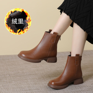 2023秋冬新款真皮低跟马丁靴切尔西靴大码纯色拼接时装靴