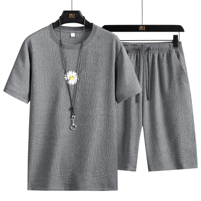 LEEVIRHINO2021年夏季新款男士运动套装男圆领套头弹力冰丝短袖T恤男士五分短裤男装中青年时尚绣花休闲两件装衣服