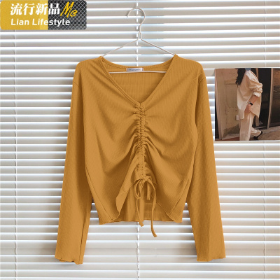 恋名媛大码胖mm长袖t恤女心机设计感小众锁骨上衣春秋宽松v领抽绳打底衫大码女装