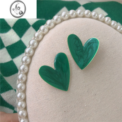 JiMi复古绿色+白色爱心耳环~韩国ins小众设计感桃心耳钉女耳饰耳夹潮